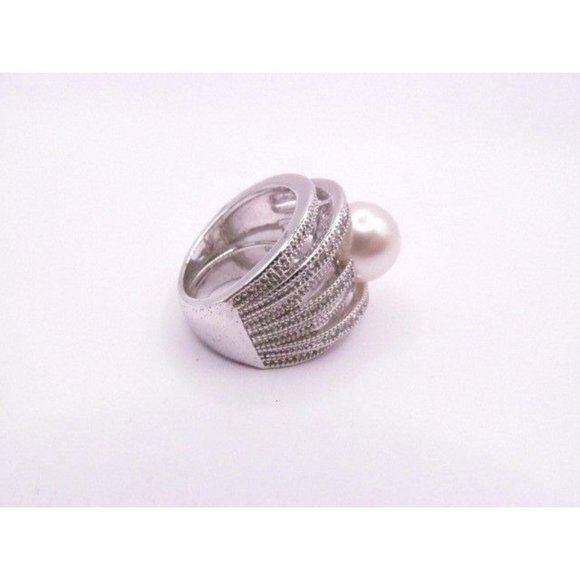 Faux Pearl 7 Tier Band Rhinestone Cocktail Ring signed NVC - Picture 9 of 14